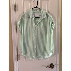 Lola River Soft Green & White Striped Button Down Shirt Medium Linen Blend